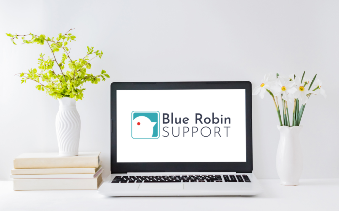 Laptop displaying Blue Robin Support logo, on tidy desk