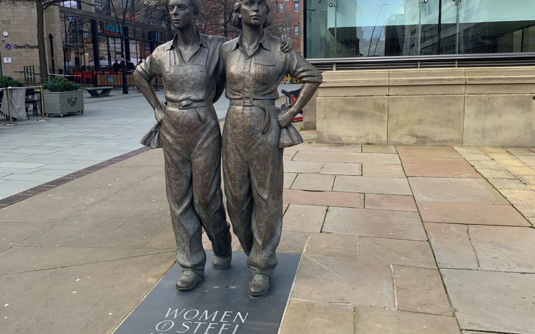 Statue called 'Women of Steel' in Sheffield City Centre.